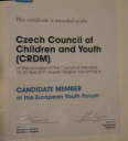 Přijímací certifikát České rady dětí a mládeže do Evropského fóra mládeže 